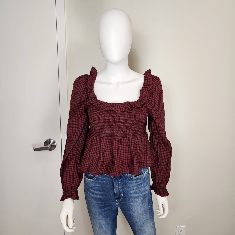 American Eagle Outfitters Burgundy Red Smocked Plaid Blouse Sz M
